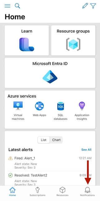 Azure モバイル アプリの下部ツール バーの [通知] アイコンを示すスクリーンショット。