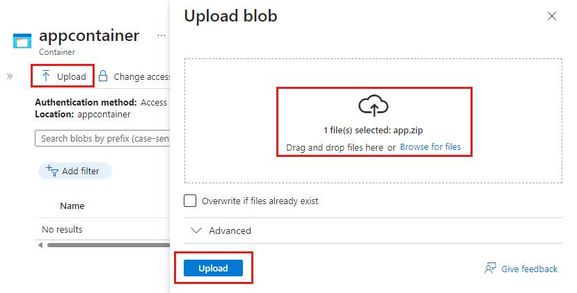 ZIP ファイルをストレージ アカウントにアップロードする appcontainer のスクリーンショット。