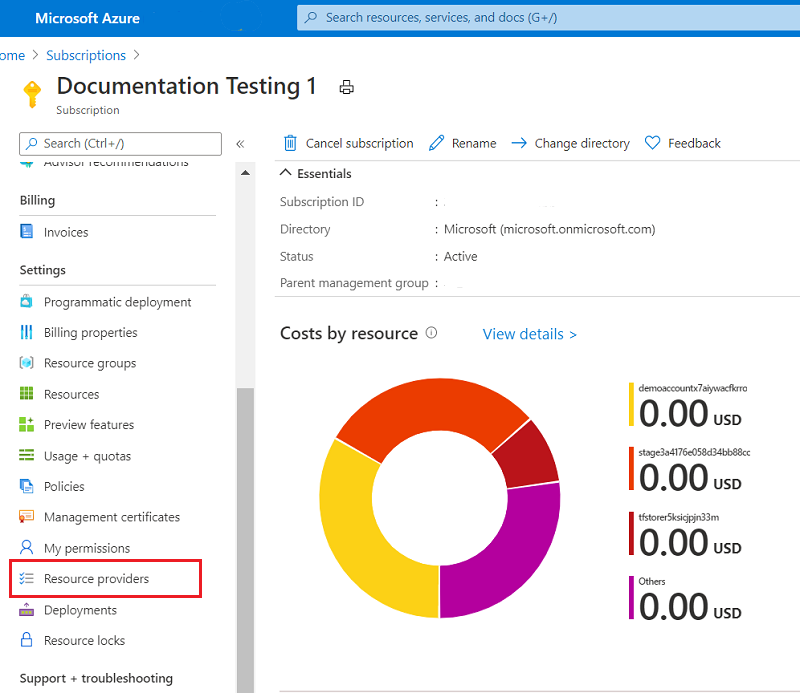 Azure portal でリソース プロバイダーを選択する画面のスクリーンショット。