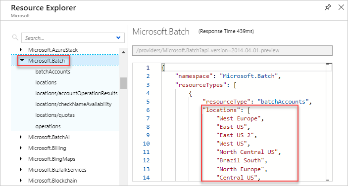 Azure Resource Explorer でリソースの種類の有効な場所を表示する画面のスクリーンショット。