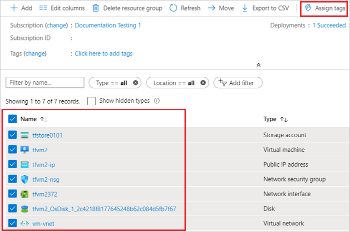 一括タグ割り当て用に選択された複数のリソースを示す Azure portal のスクリーンショット。