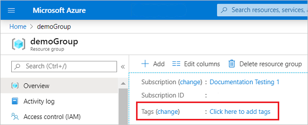 リソース グループのタグが表示されている Azure portal のスクリーンショット。