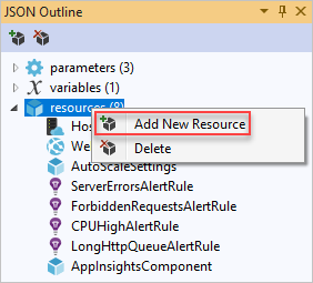 [JSON アウトライン] ウィンドウで [新しいリソースの追加] オプションが強調表示されたスクリーンショット。
