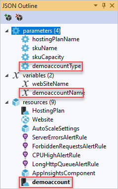 追加されたストレージ アカウント リソースが表示された [JSON アウトライン] ウィンドウのスクリーンショット。