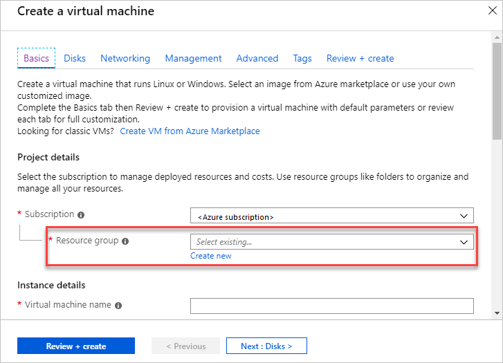 Azure portal で Linux 仮想マシンを作成してリソース グループにデプロイする操作のスクリーンショット