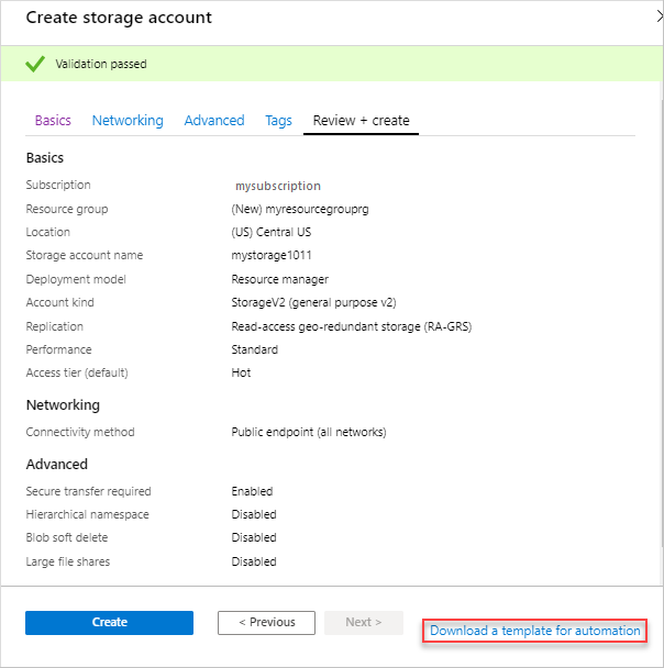 Azure portal でデプロイ前にテンプレートをダウンロードするオプションのスクリーンショット。