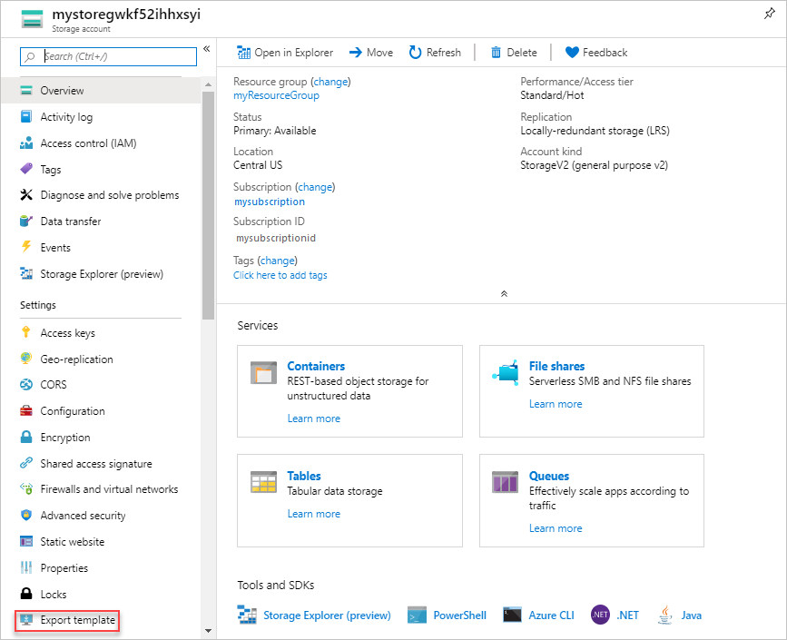 Azure portal で単一のリソースをエクスポートしているスクリーンショット。