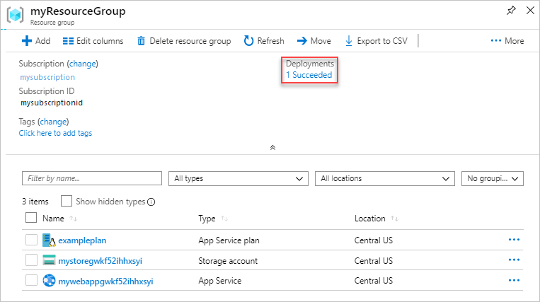 Azure portal でデプロイ履歴を選択しているスクリーンショット。