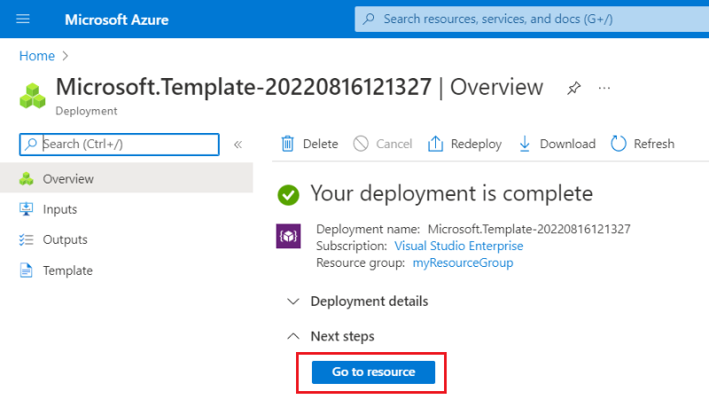 Azure portal でのデプロイが成功したことを示す通知のスクリーンショット。