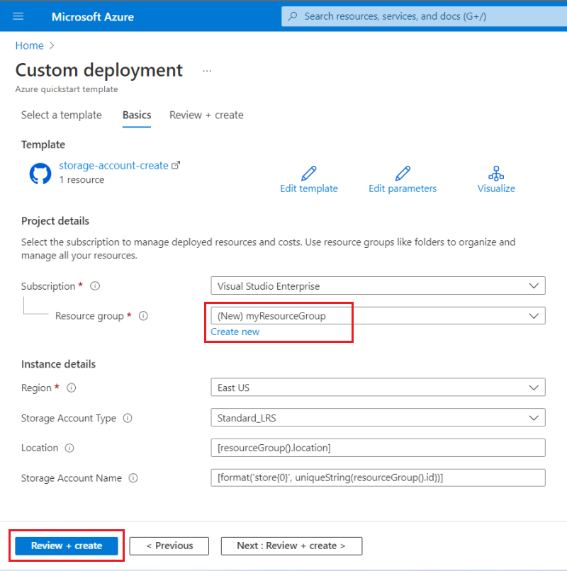 Azure portal でのカスタム テンプレートの入力フィールドのスクリーンショット。