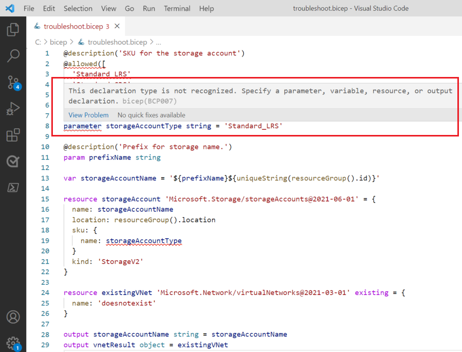 Bicep ファイルの構文エラーをホバーしているときに詳細のエラー メッセージが表示される Visual Studio Code のスクリーンショット。