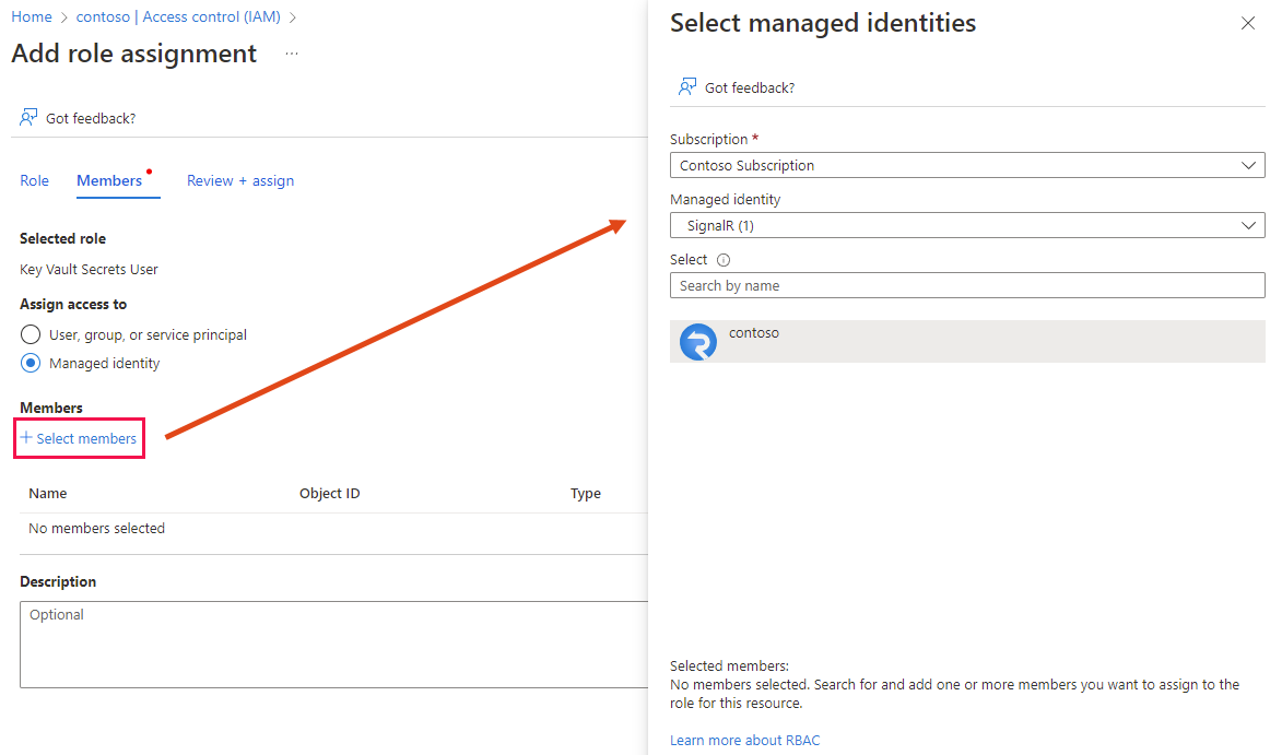 ロールの割り当てを Key Vault に追加するときの [メンバー] タブのスクリーンショット。