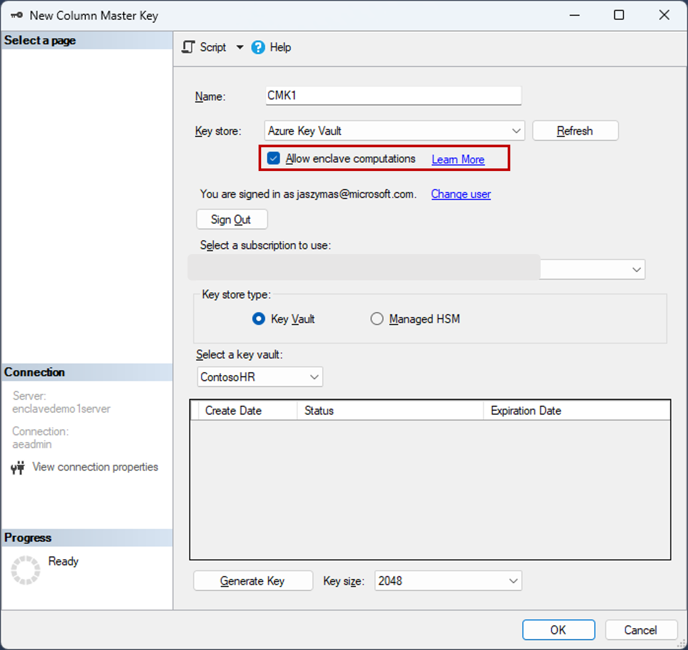 新しい列マスター キーを作成するときに SSMS で [エンクレーブ計算を許可する] をオンにしたスクリーンショット。