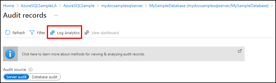 Azure portal の [監査レコード] メニューでの [Log Analytics] の選択のスクリーンショット。