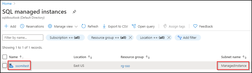 SQL インスタンス名 ssomitest とサブネット名 ManagedInstance が強調表示されている [SQL マネージド インスタンス] 画面のスクリーンショット。