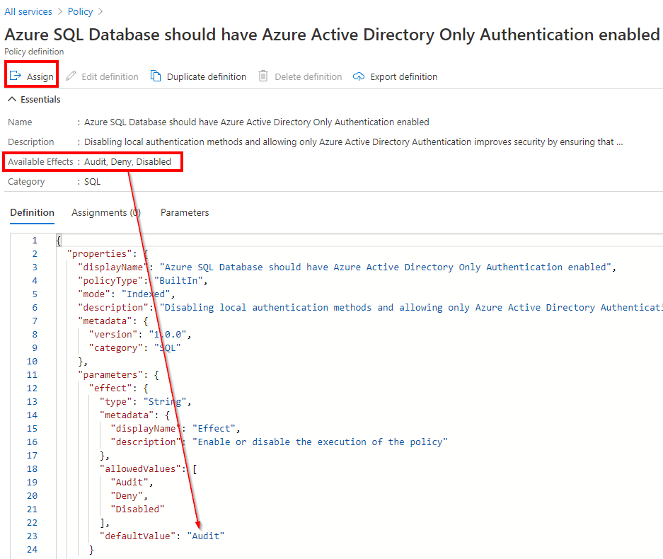 Azure AD 専用認証の Azure Policy を割り当てる画面のスクリーンショット