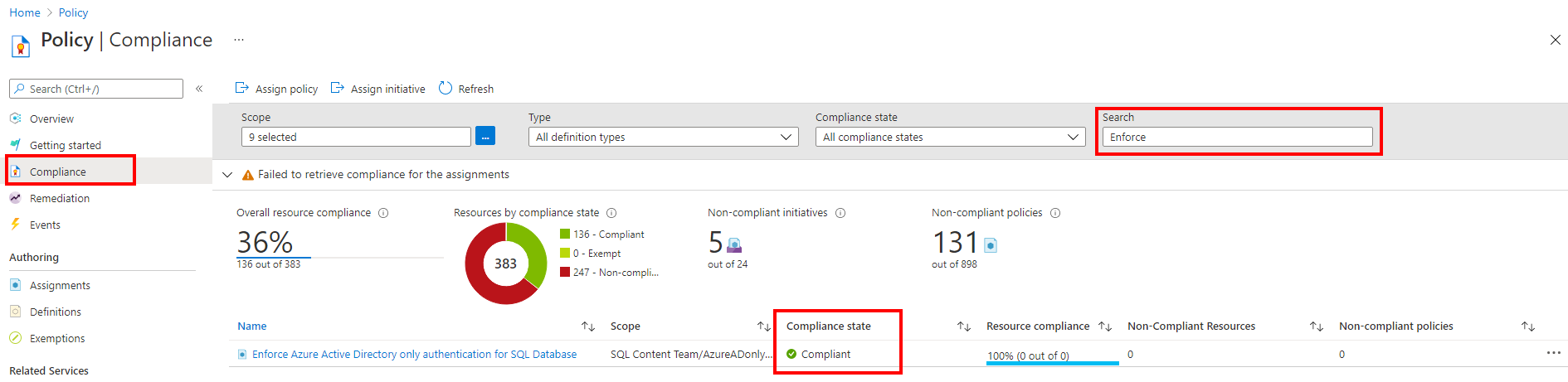 Azure AD 専用認証の Azure Policy コンプライアンスのスクリーンショット