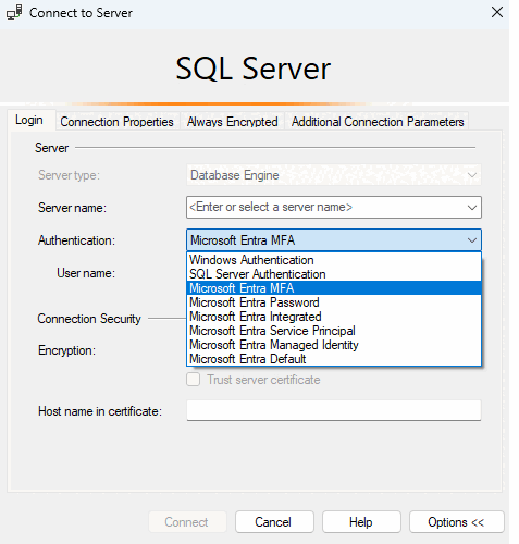 SSMS の [サーバーへの接続] ダイアログのスクリーンショット。認証ドロップダウン リストのウィンドウで [Microsoft Entra MFA] が選択されています。