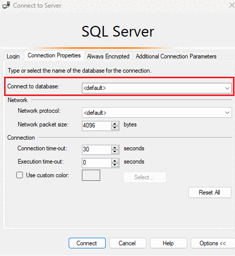 [オプション] メニューの SSMS のスクリーンショット。