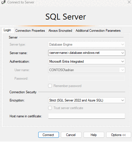 Microsoft Entra 統合認証を示す SSMS のスクリーンショット。