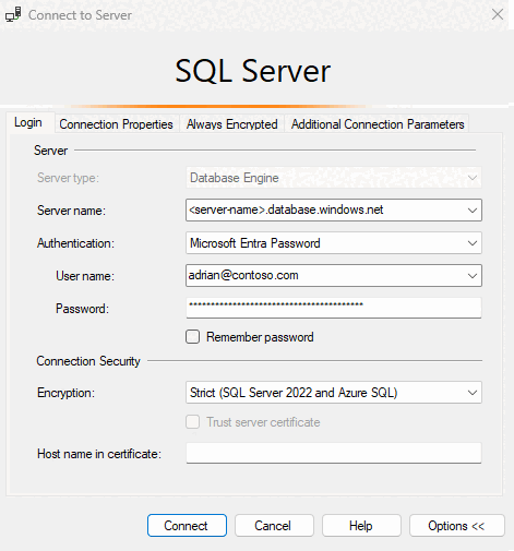 Microsoft Entra パスワード認証を使用した SSMS のスクリーンショット。