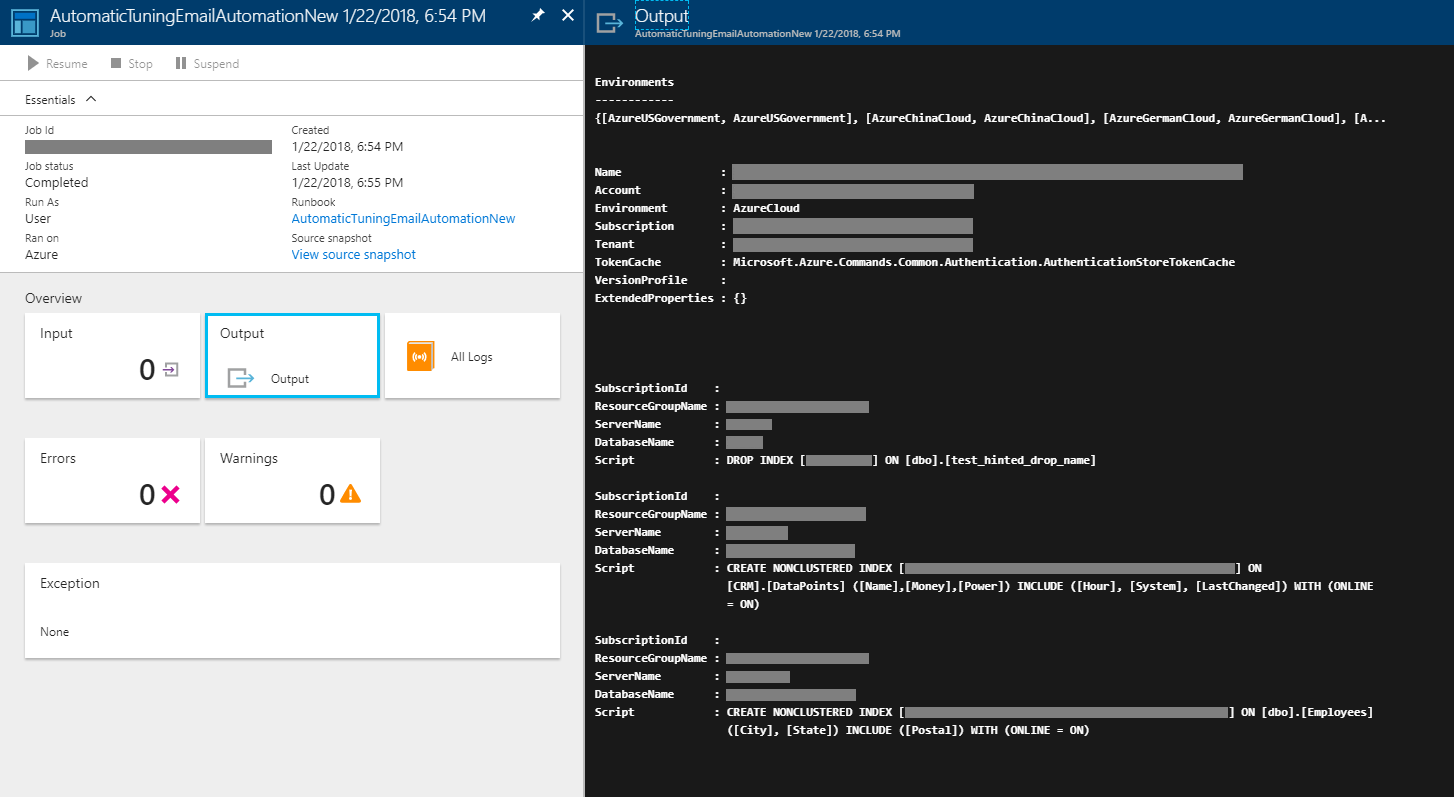 Azure Automation による自動チューニング推奨情報の実行ビュー