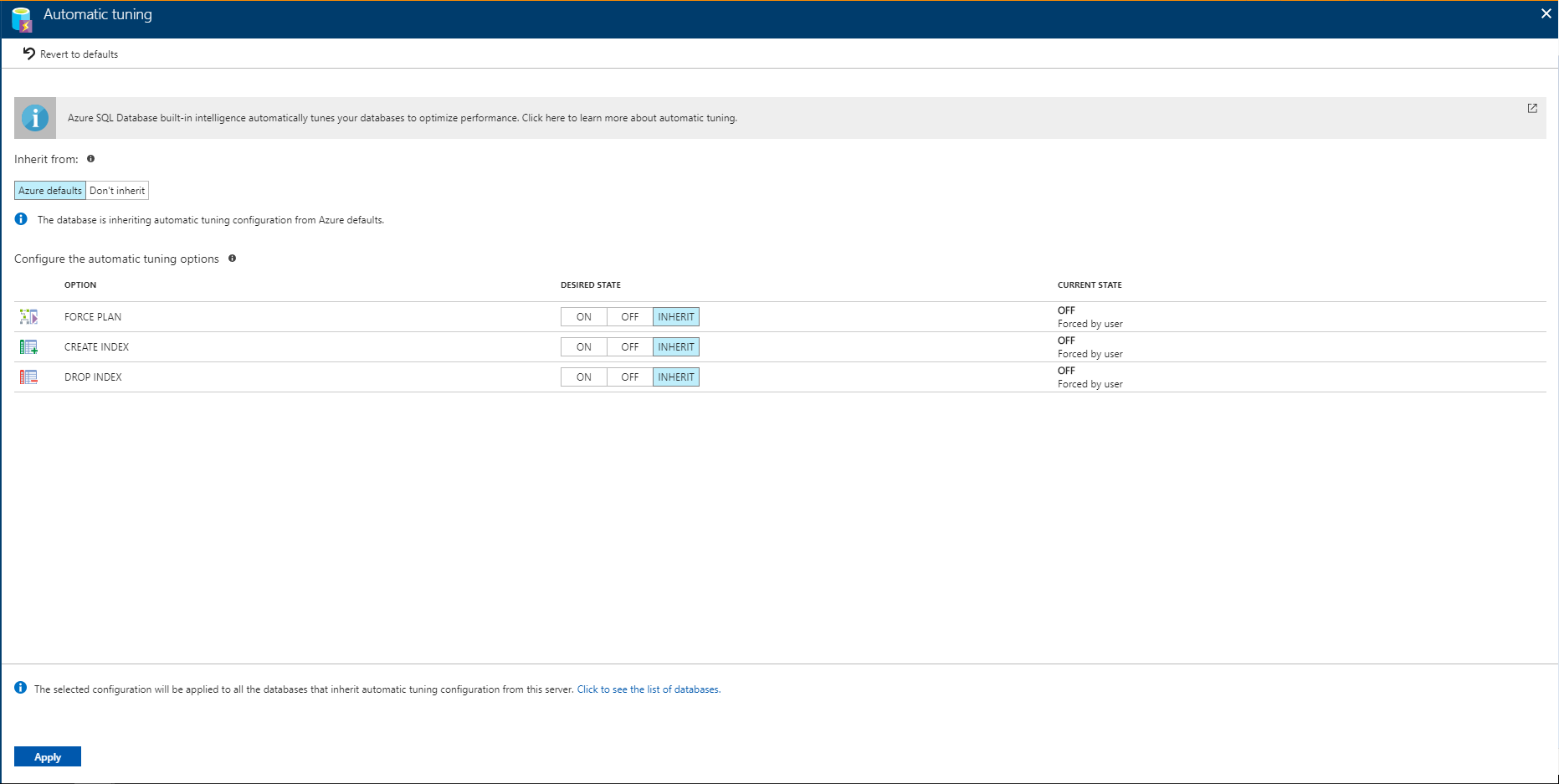 スクリーンショットには、サーバーのオプションを適用できる、Azure portal での自動チューニングが示されています。