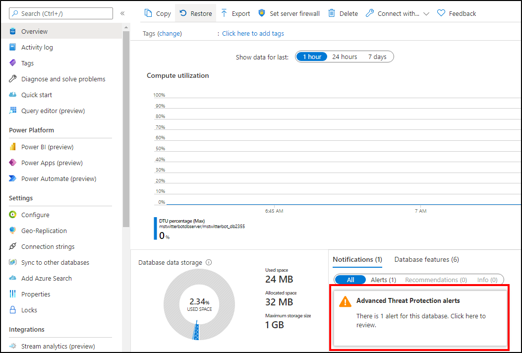 データベースでの Advanced Threat Protection のアラートに関する概要