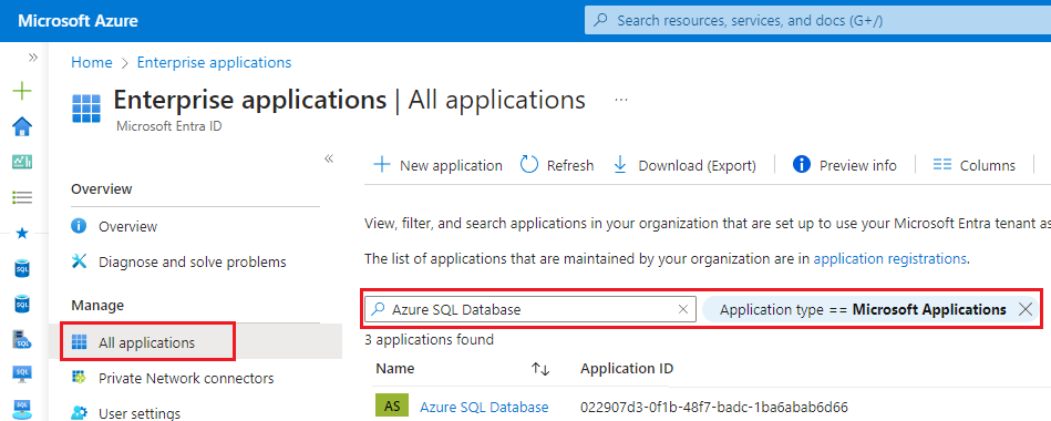 Azure portal の Microsoft アプリケーションとしての Azure SQL Database のスクリーンショット。