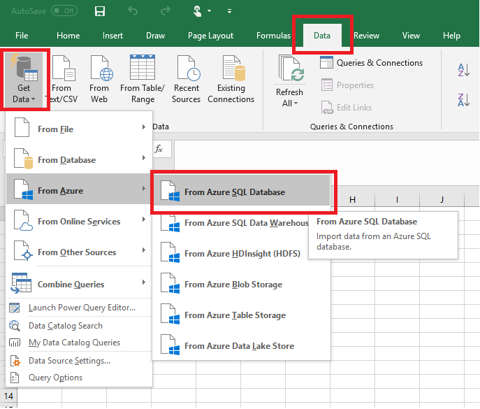 データ ソースを選択します。Excel を SQL Database に接続します。