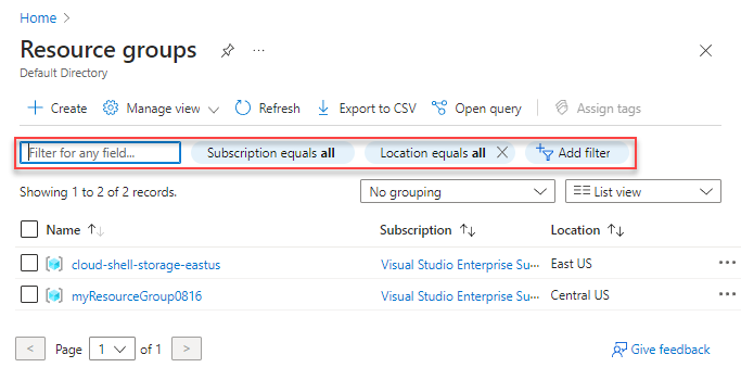 Azure リソース グループの検索とフィルター方法を示す Azure portal のスクリーンショット。