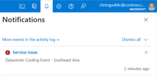 Azure SQL Managed Instance サービスの問題の通知を示す Azure portal のスクリーンショット。