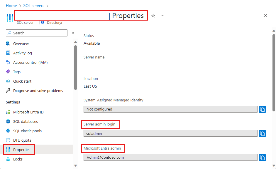 スクリーンショットは、サーバー管理者ログインと Microsoft Entra 管理者の値を取得できる [SQL Server のプロパティ] ページを示しています。