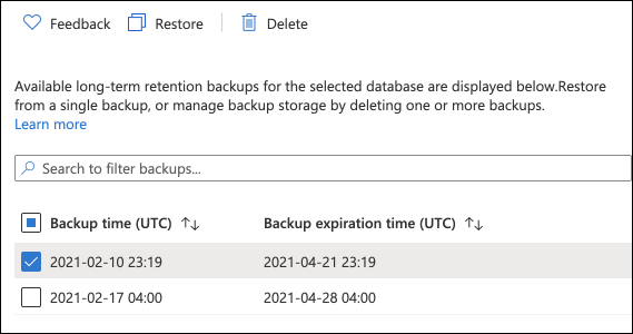 使用できる LTR バックアップを確認できる Azure portal のスクリーンショット。