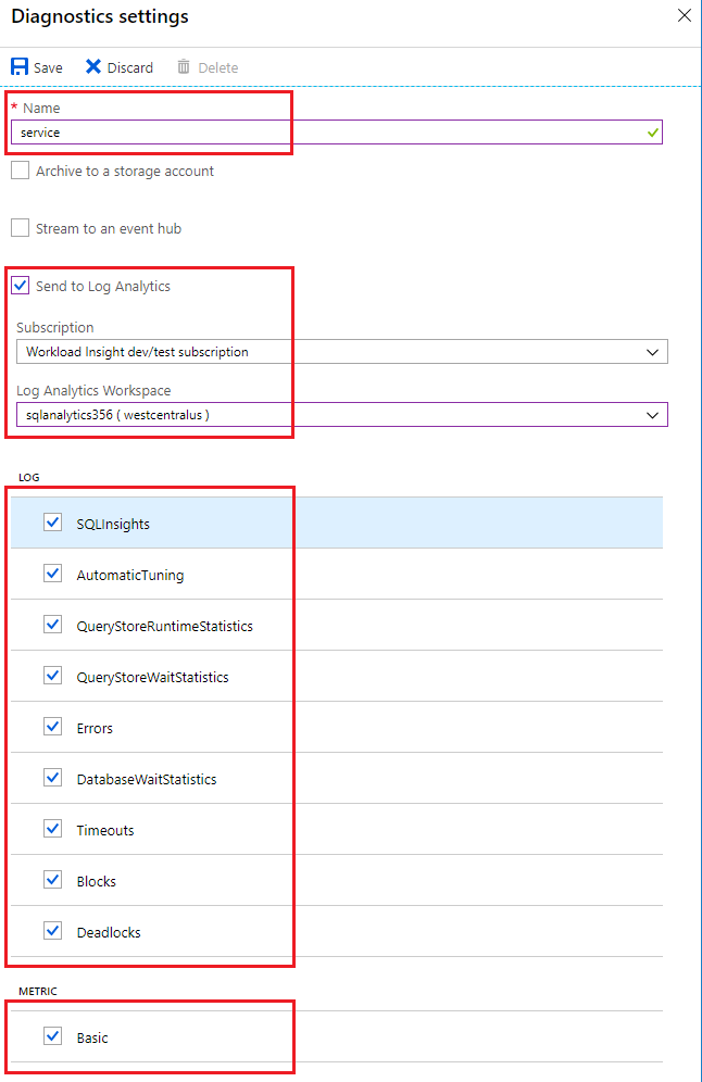 Azure SQL Database に対して診断を構成します。