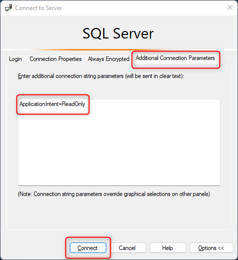 SSMS の [追加接続パラメーター] を示すスクリーンショット。