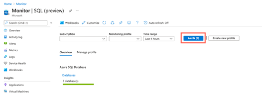 Azure portal での SQL 用の Azure Monitor ページのスクリーンショット。[警告] ボタンが強調されています。