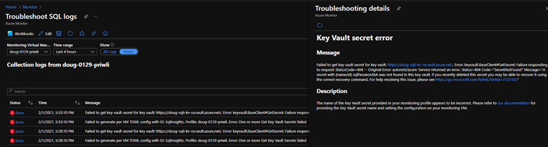 Azure portal での SQL のトラブルシューティング ログの Azure Monitor ページのスクリーンショット。