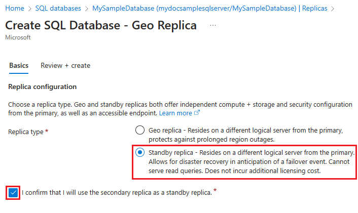 Azure portal でスタンバイ レプリカが強調表示されている [geo レプリカの作成] ページのスクリーンショット。