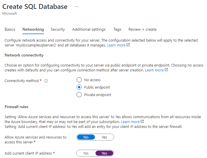 Azure portal で SQL サーバーを作成するときのネットワーク設定のスクリーンショット。