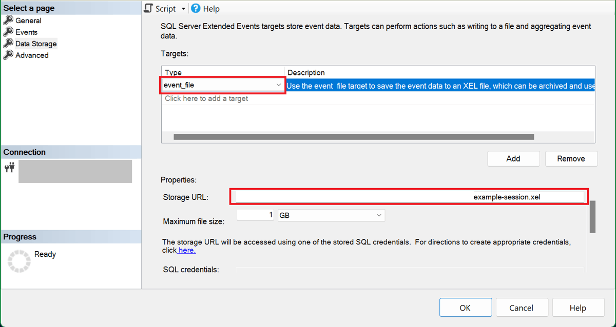 [新しいセッション SSMS] ダイアログのスクリーンショット。データ ストレージの選択ページで event_file ターゲットが選択され、入力されたストレージ URL が表示されています。