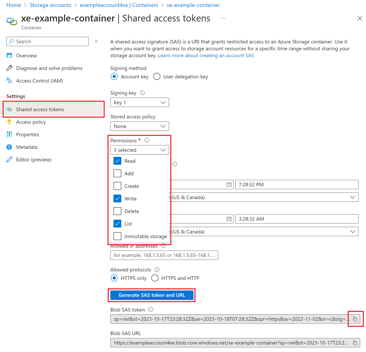 Azure Storage コンテナーの [共有アクセス トークン] 画面のスクリーンショット。サンプル コンテナーの SAS トークンが生成されています。