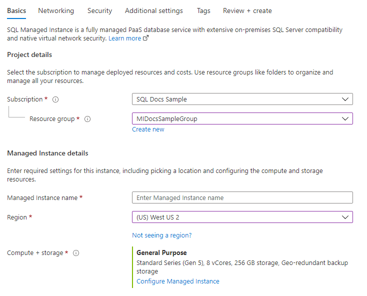 SQL Managed Instance の基本タブの作成を示す Azure portal スクリーンショット