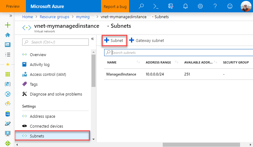 SQL Managed Instance のサブネット