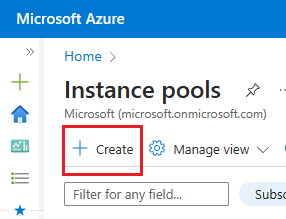 Azure portal の [インスタンス プール] ページで [+作成] が選択されていることを示すスクリーンショット。