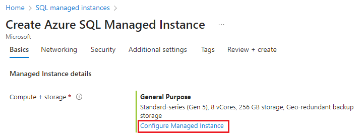 Managed Instance が選択された構成を使用した Azure portal での新しい Azure SQL Managed Instance の作成のスクリーンショット。