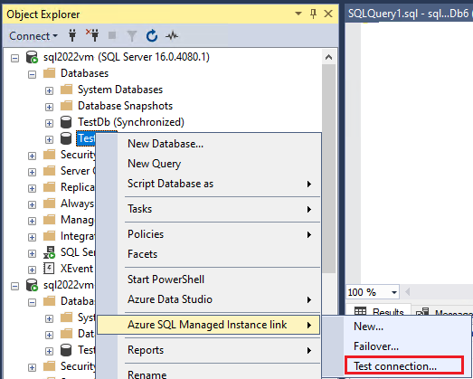 データベース リンクの右クリック メニューでテスト接続が選択されている S S M S のオブジェクト エクスプローラーのスクリーンショット。