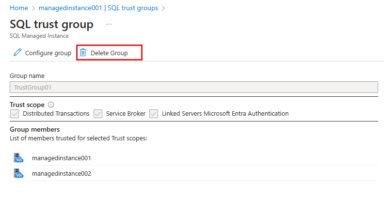 スクリーンショットは、[グループの削除] が強調表示されている SQL 信頼グループを示しています。
