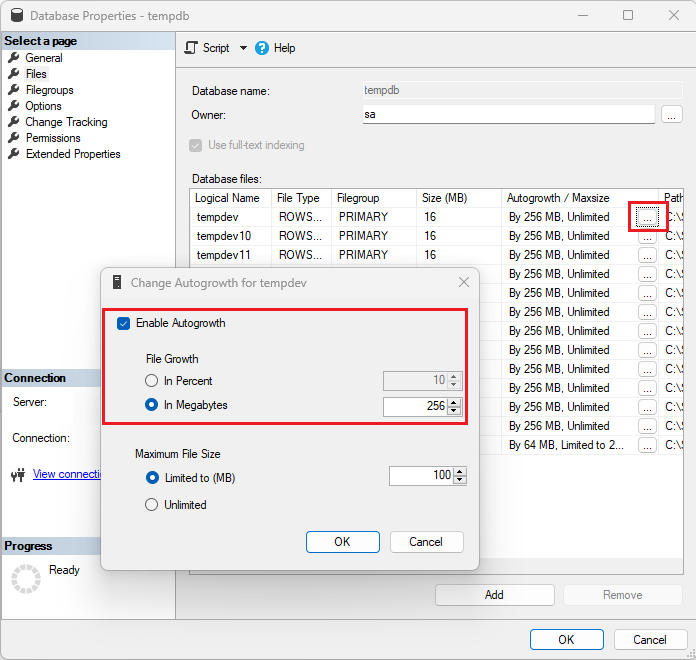 新しいデータベース ファイル名が強調表示されている SSMS の tempdev 用の [自動拡張の変更] のスクリーンショット。