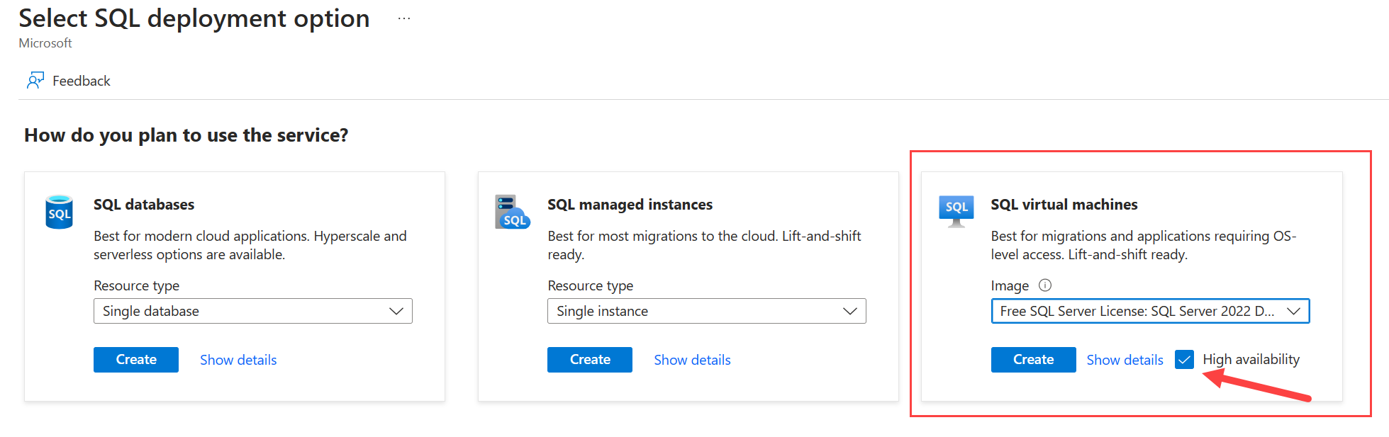 [高可用性] が選択された SQL Server デプロイ オプションを選択するためのページを示す Azure portal のスクリーンショット。